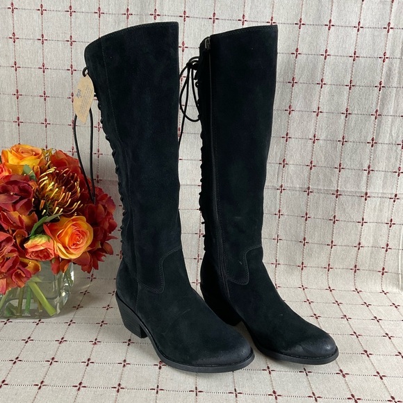 Aqua Sofft “Sharnell” Black Suede Knee High Boots Lace Up Back Water Resistant 6